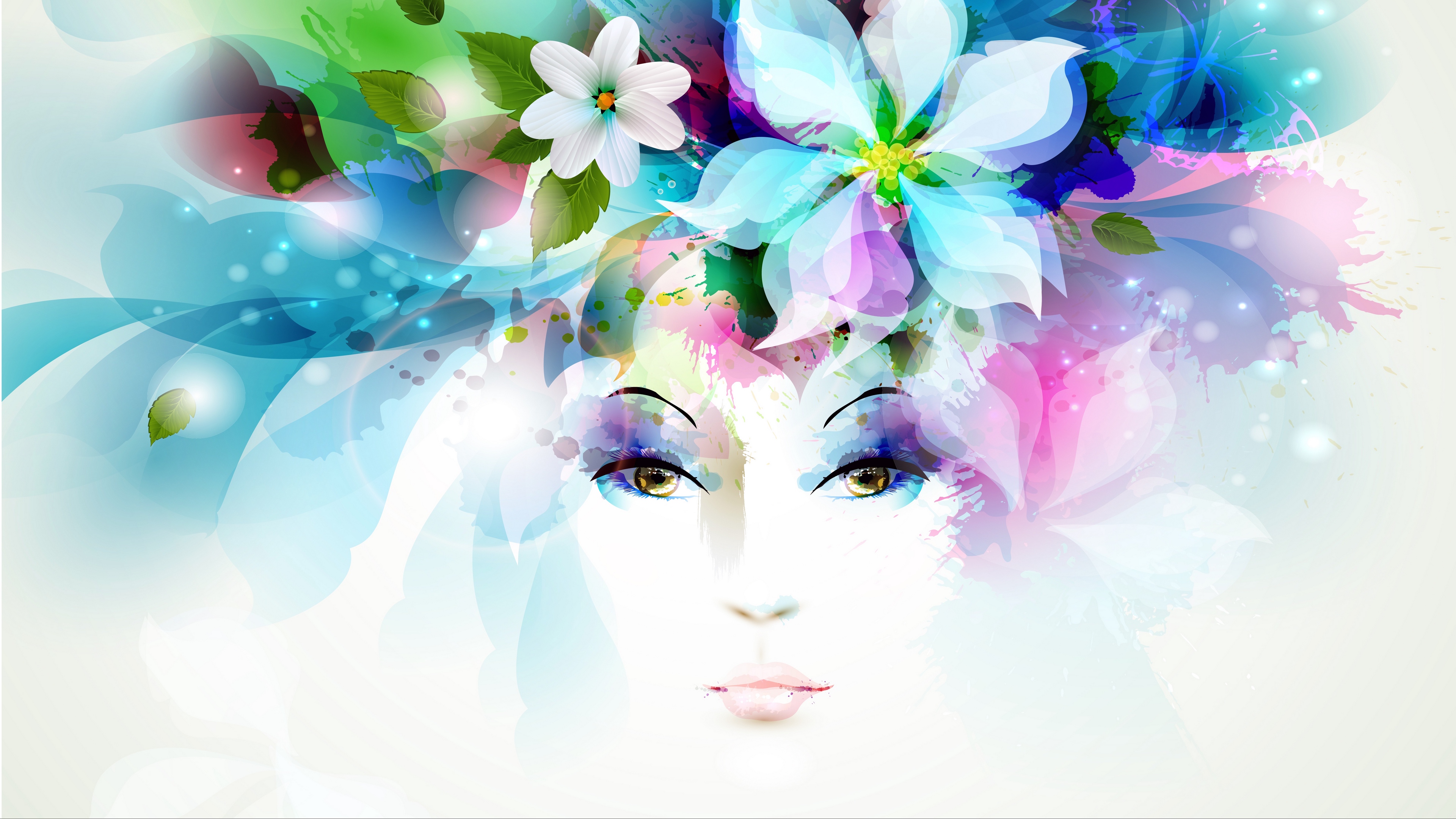 art girl eyes flowers petals butterfly leaves spray 4k 1536098886