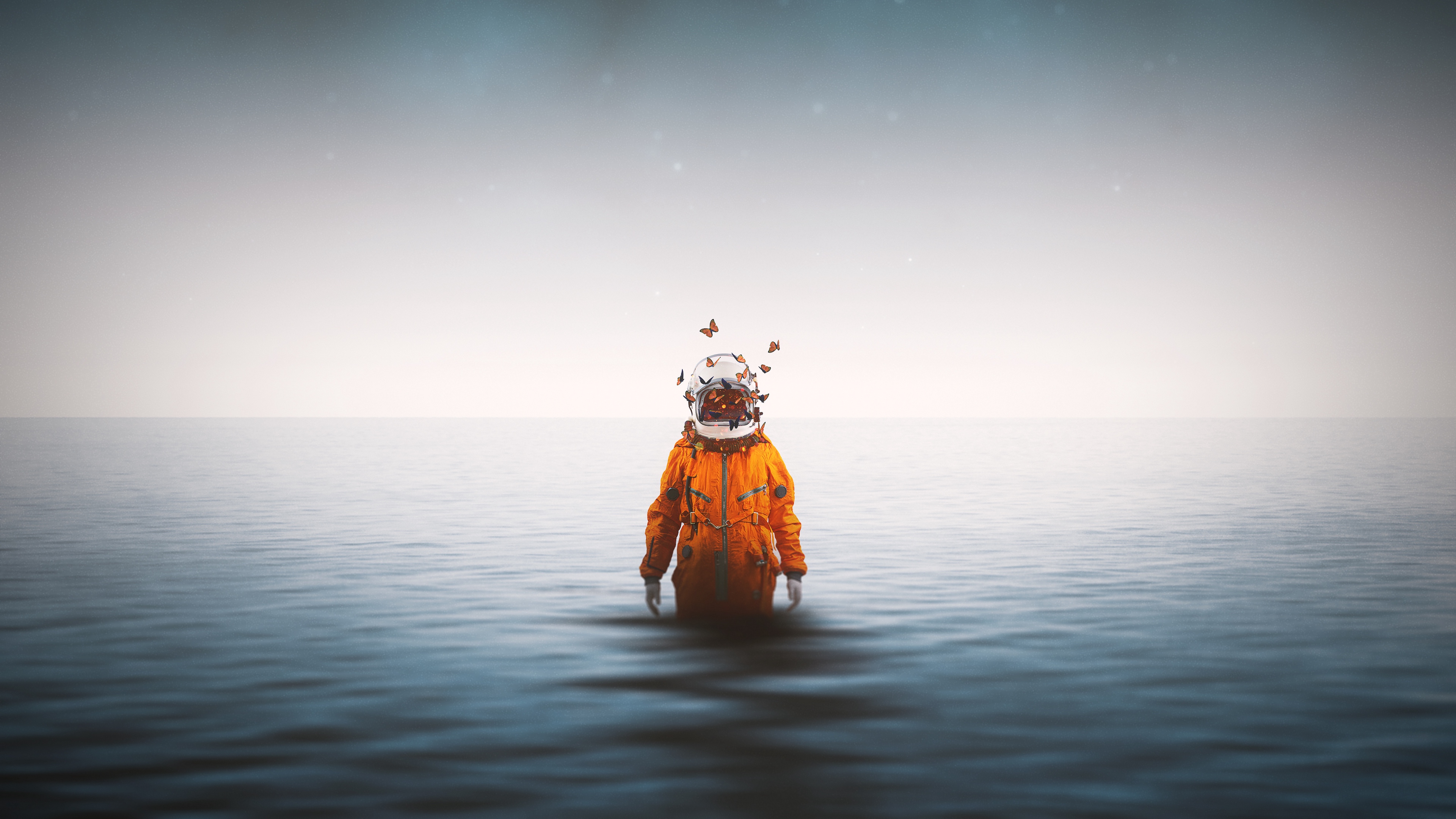 astronaut spacesuit butterflies surrealism sea horizon 4k 1536017046