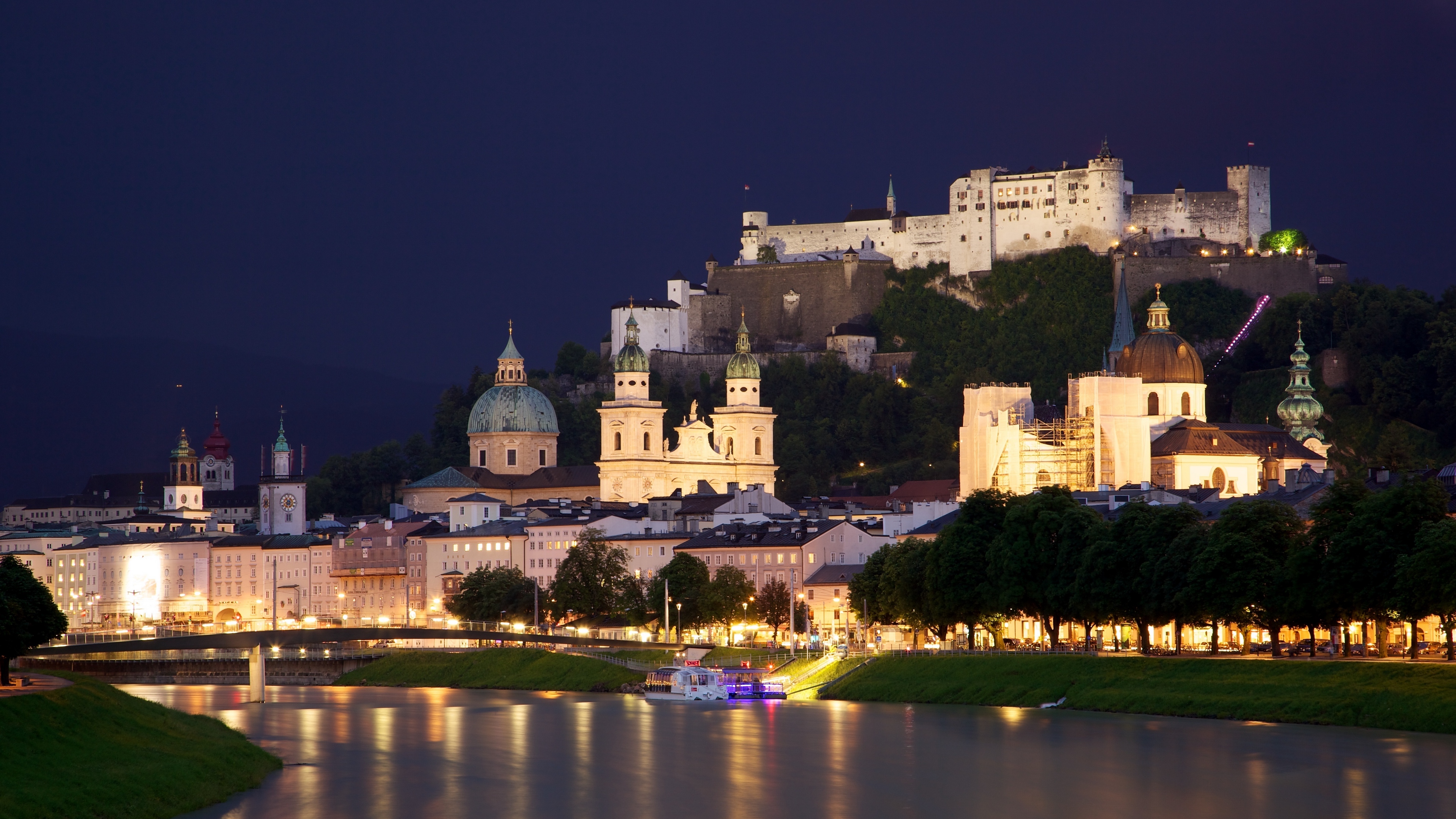 austria salzburg city river salzach bridge pier chapel castle home church cathedral night ogni 4k 1538066892