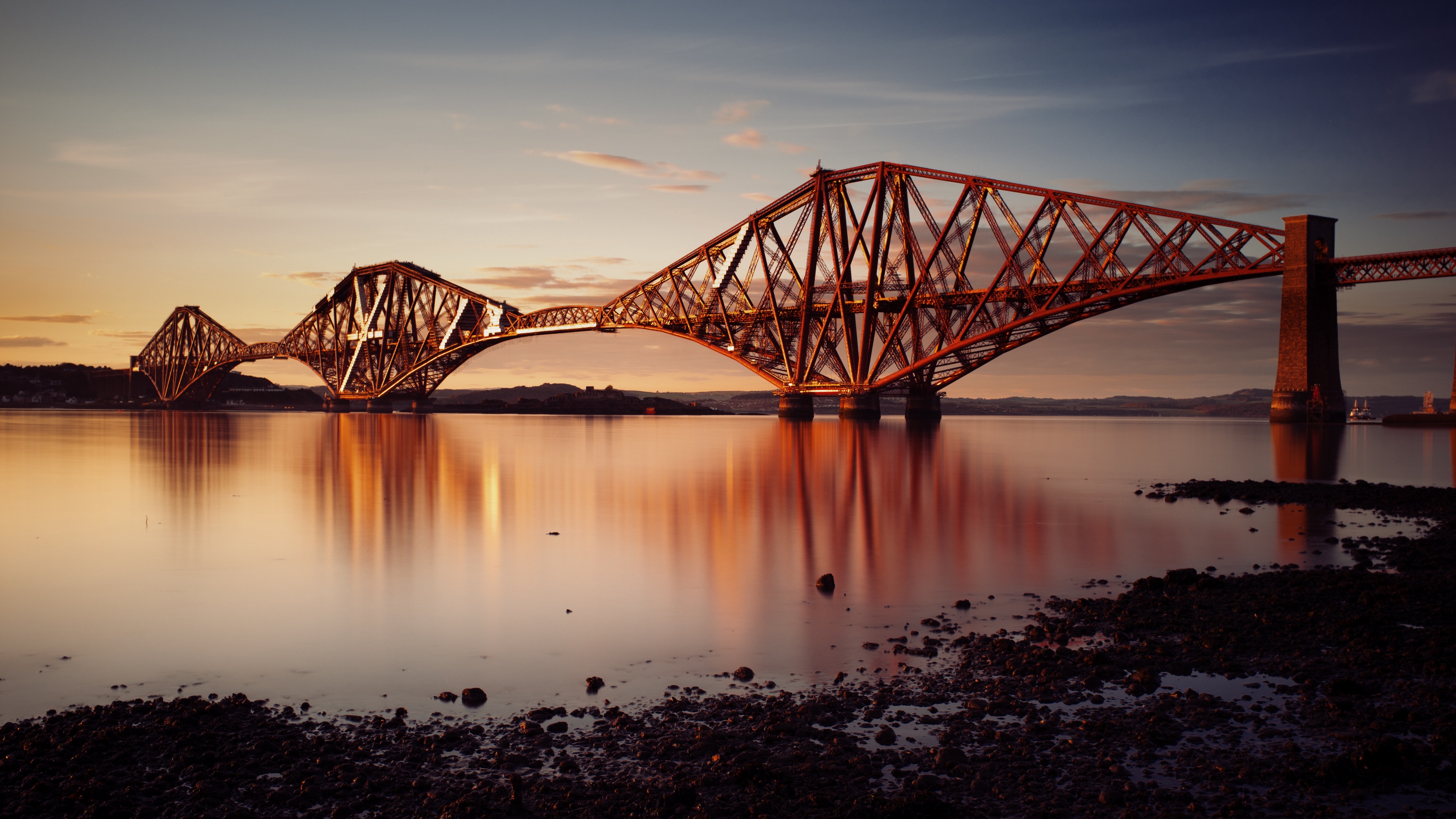 bay railway bridge sunset fort bridge scotland 4k 1538066828