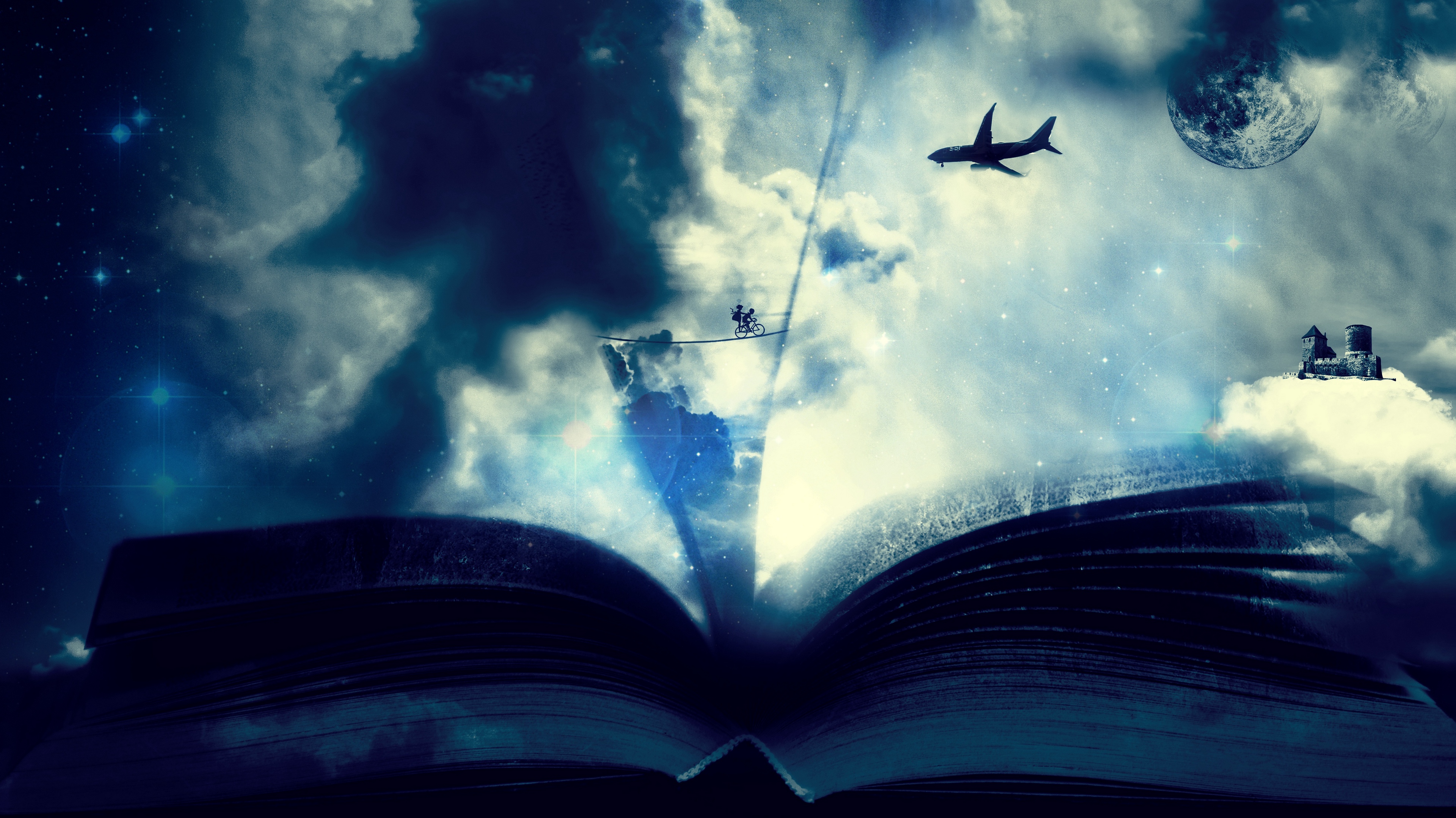 book clouds fantasy bicycle airplane 4k 1536098463