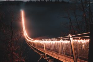 bridge night fog trees 4k 1538067991