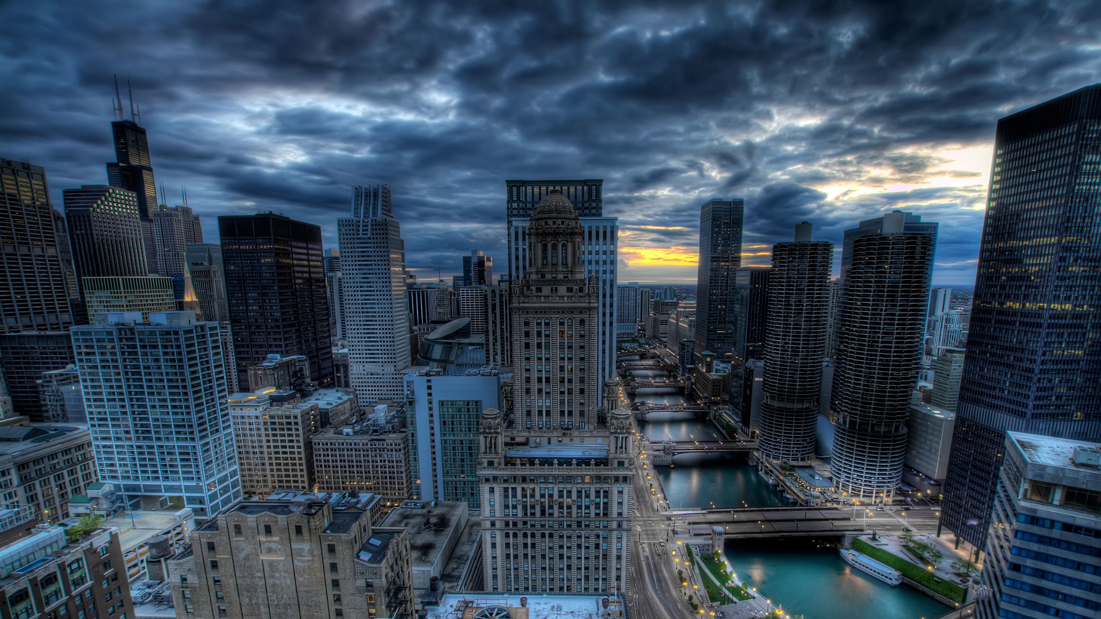 chicago buildings skyscrapers river bridge hdr 4k 1538065145