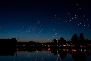 chinese lanterns sky lanterns night river holiday 4k 1538068533