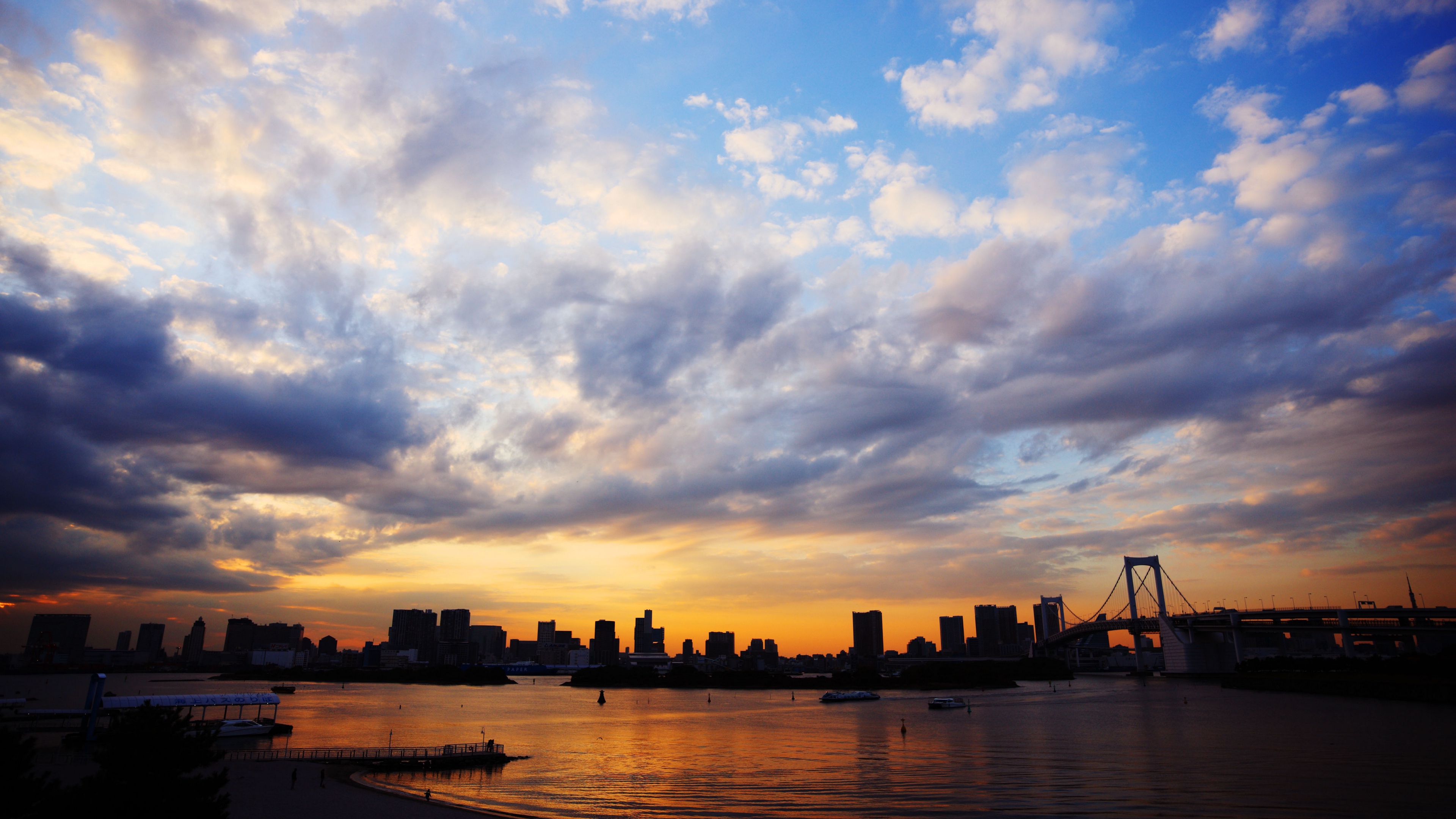 clouds sky sea tokyo japan blue city bridge sunset 4k 1538066481