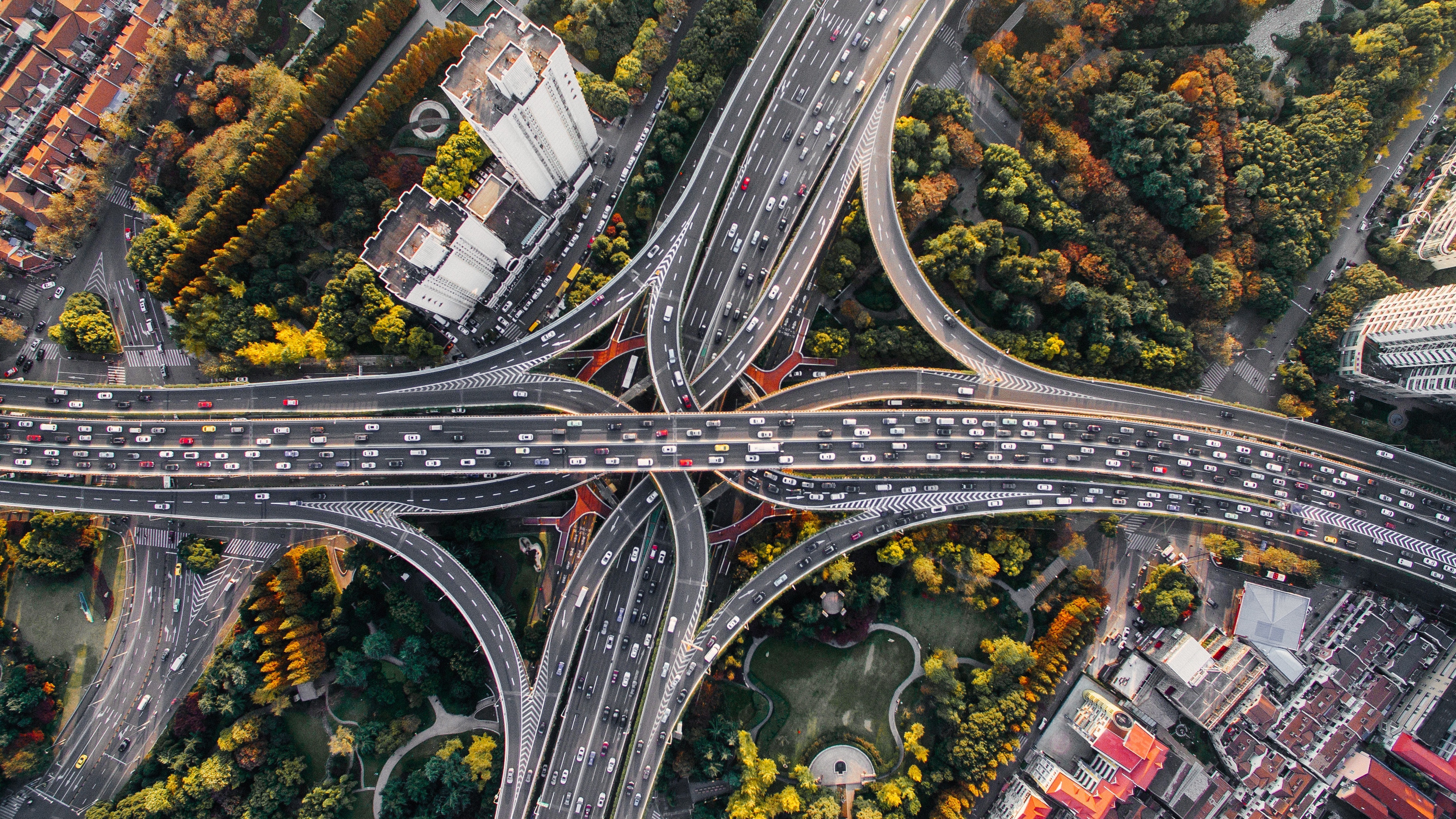 crossroads roads top view traffic bridges shanghai china 4k 1538066218