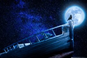 crow starry sky boat moon pebble 4k 1536098425