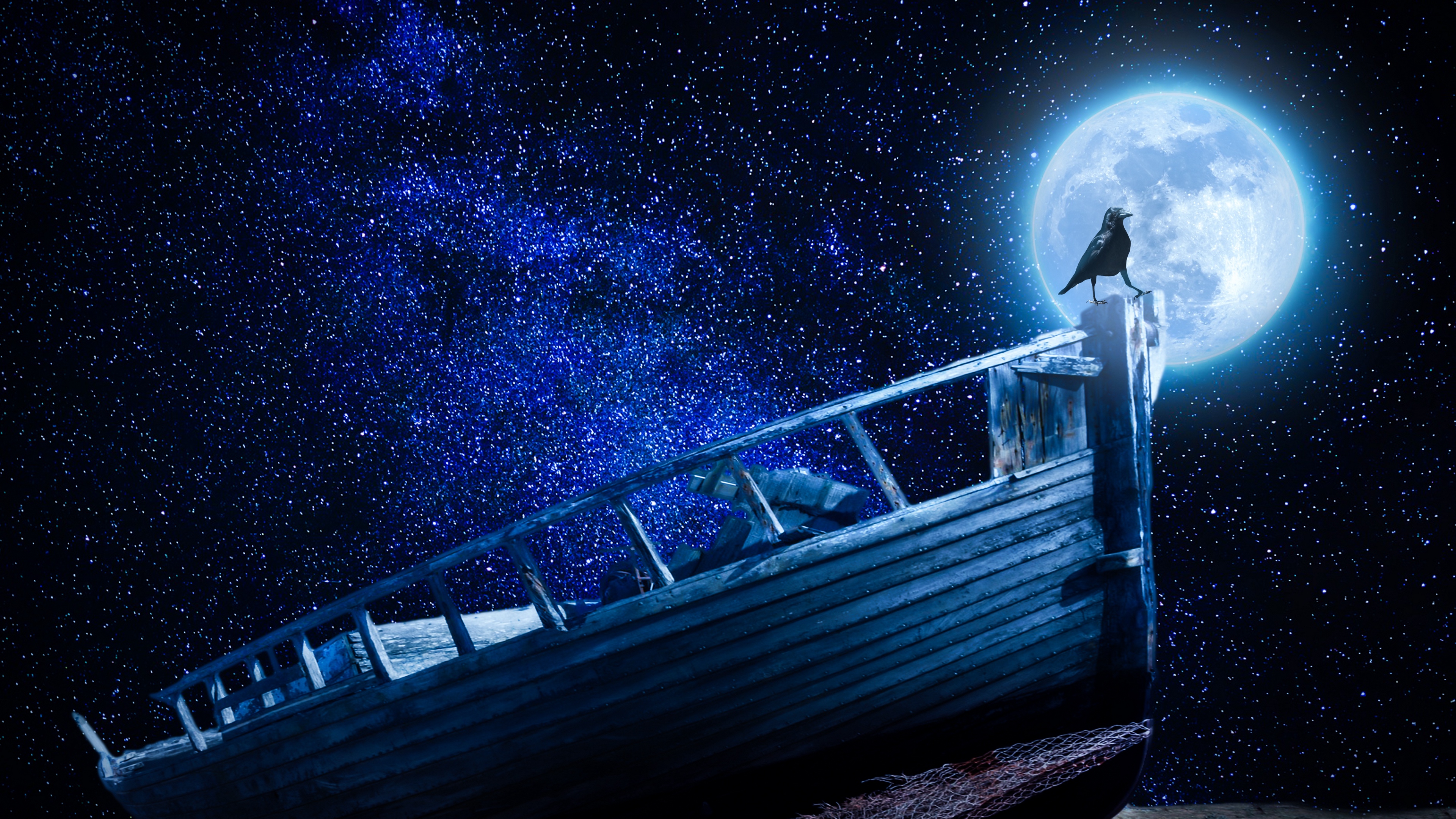 crow starry sky boat moon pebble 4k 1536098425