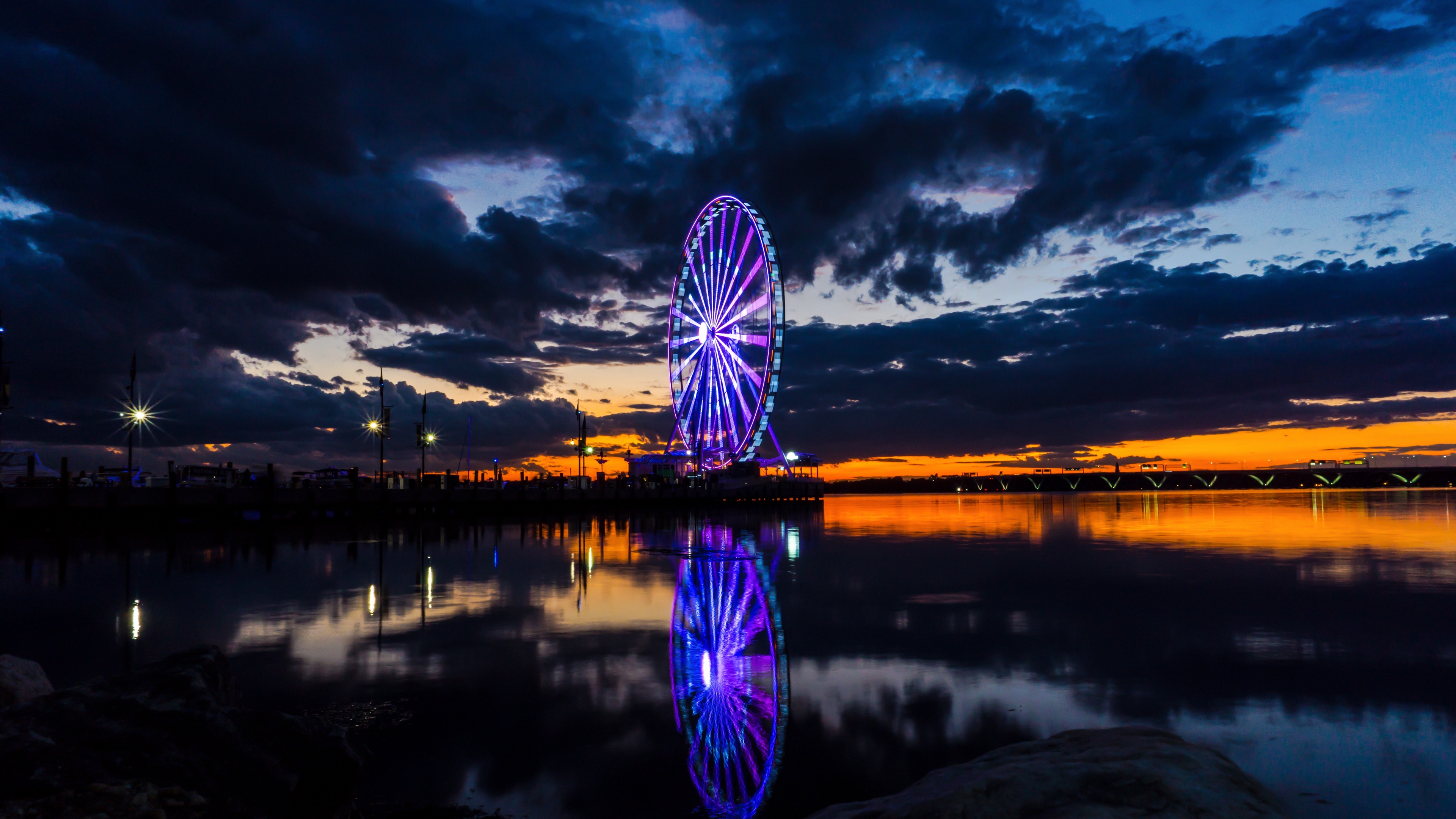 ferris wheel harbor night city clouds washington usa 4k 1538066939