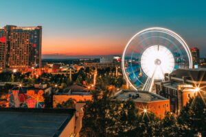 ferris wheel night city buildings 4k 1538066179