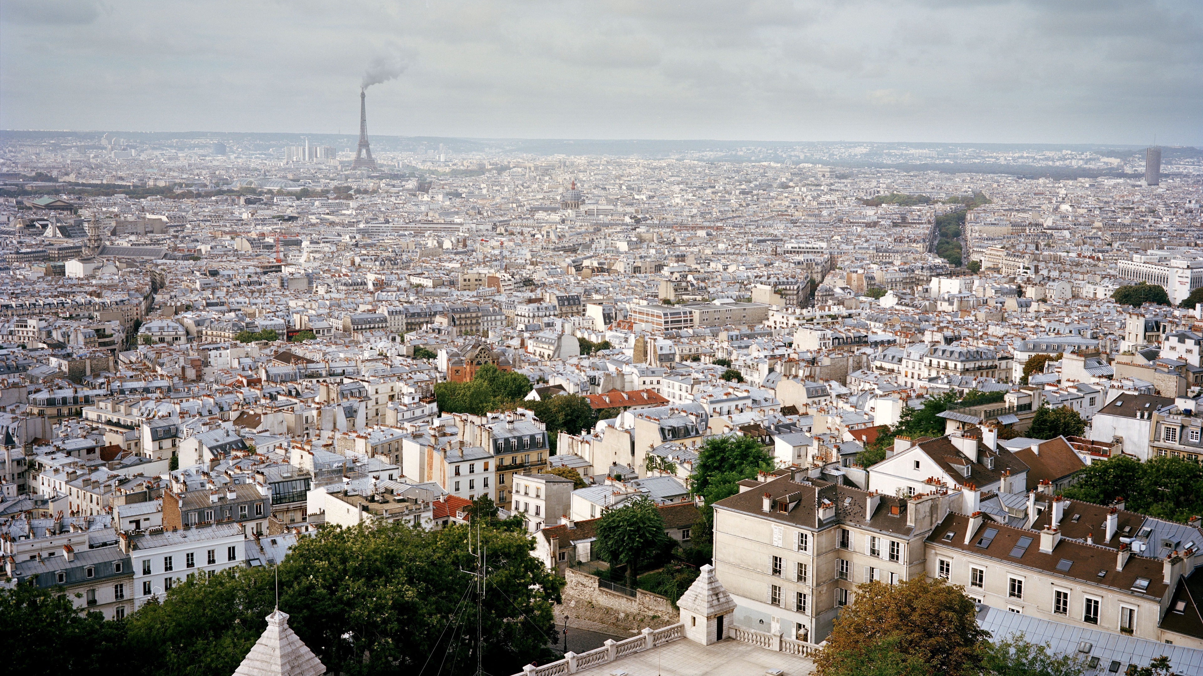 france paris houses roofs sky trees white building skyline windows 4k 1538064959