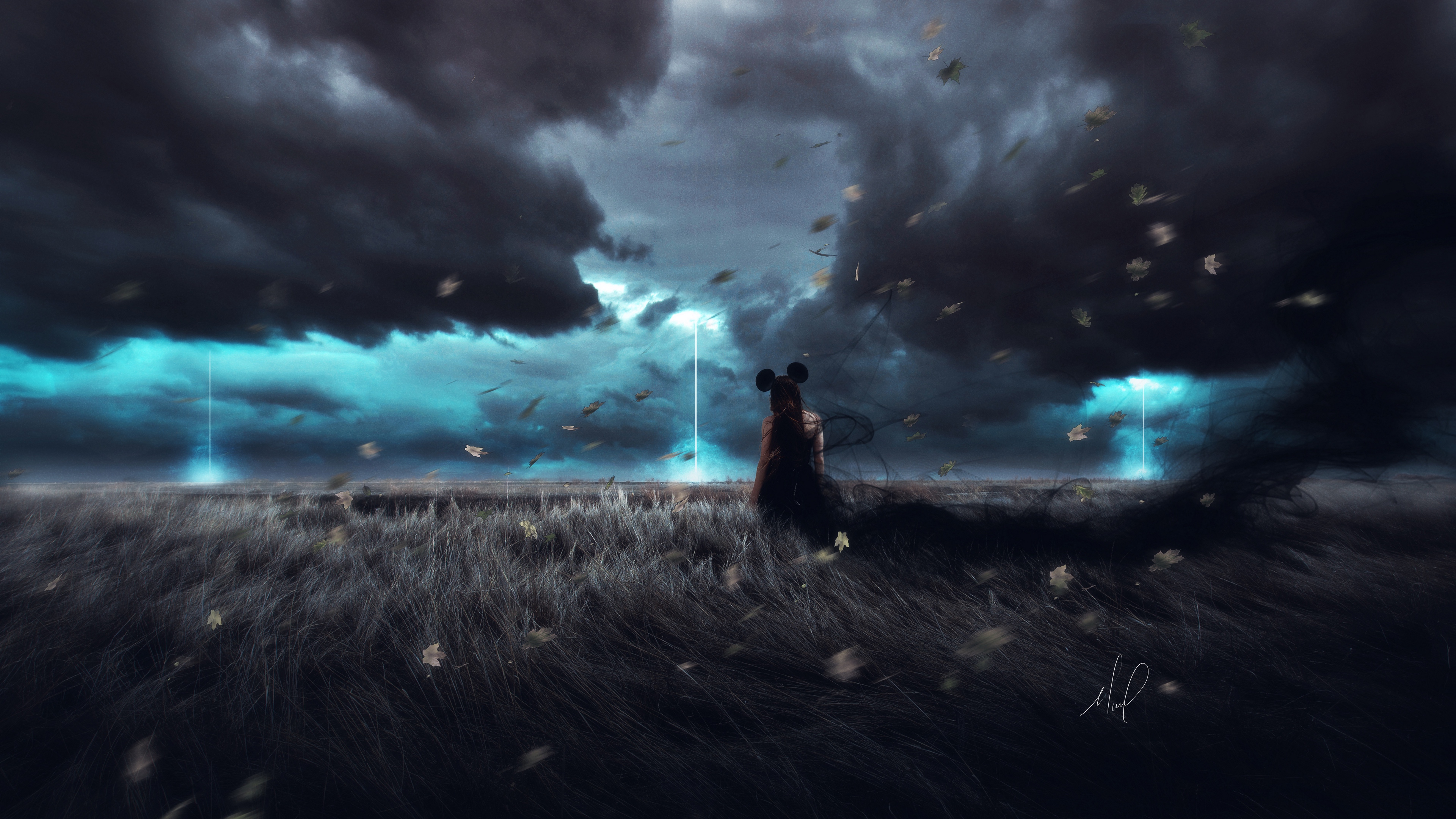 girl field wind cloudy grass clouds art 4k 1536098457