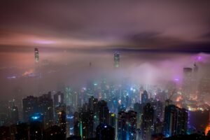 hong kong buildings night lights mist 1538069334