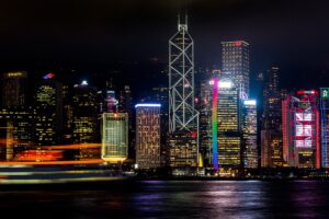 hong kong skyscrapers night shore 4k 1538068505