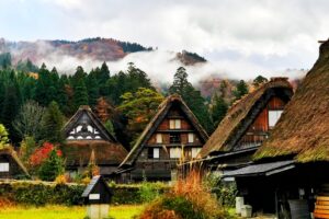 japan shirakawa houses mountains trees 4k 1538066847