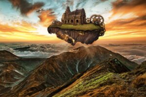 mountains building engine gears steampunk imagination photoshop 4k 1536098166