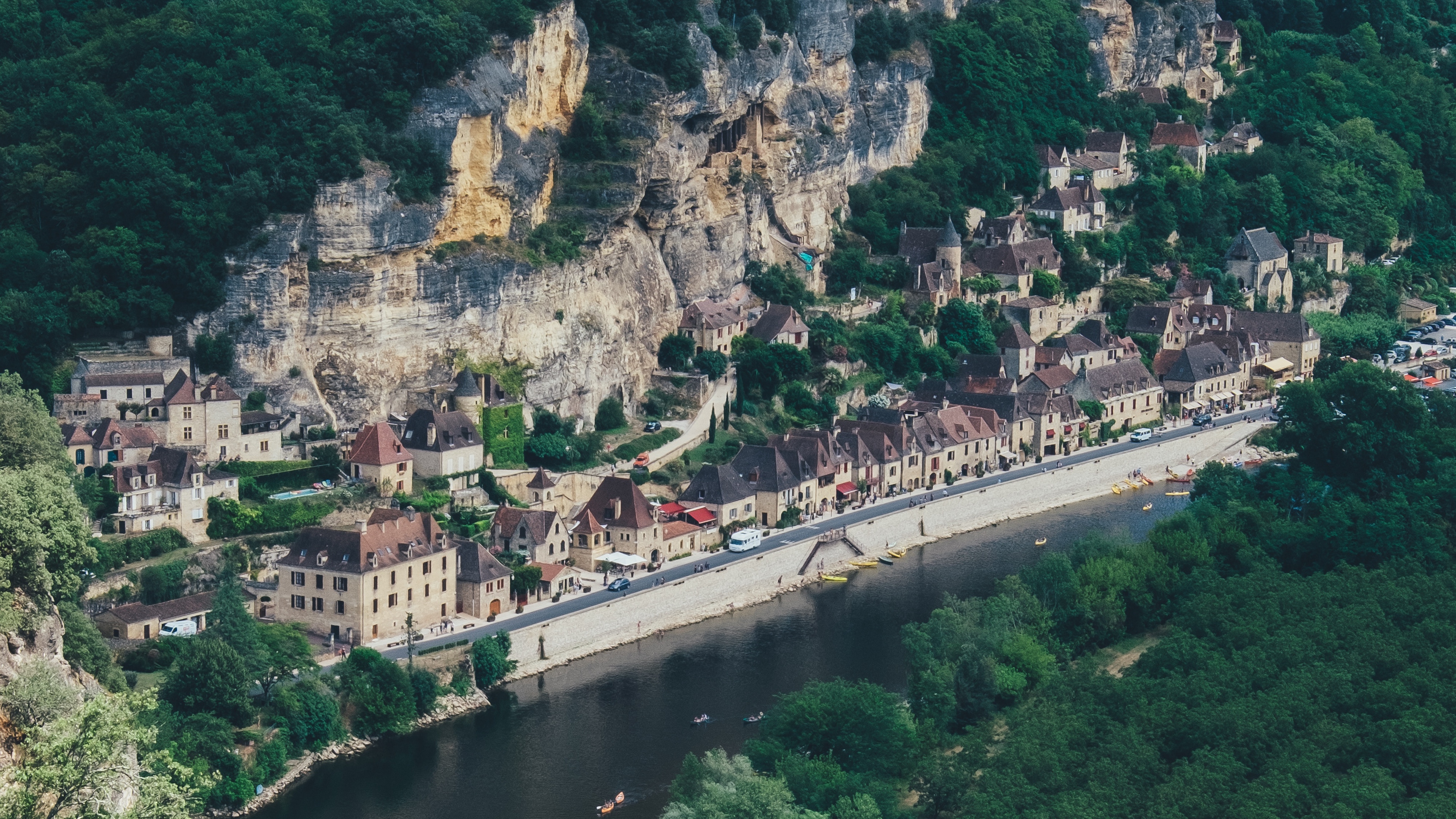 mountains river rock countryside canoes dordogne france 4k 1538065529