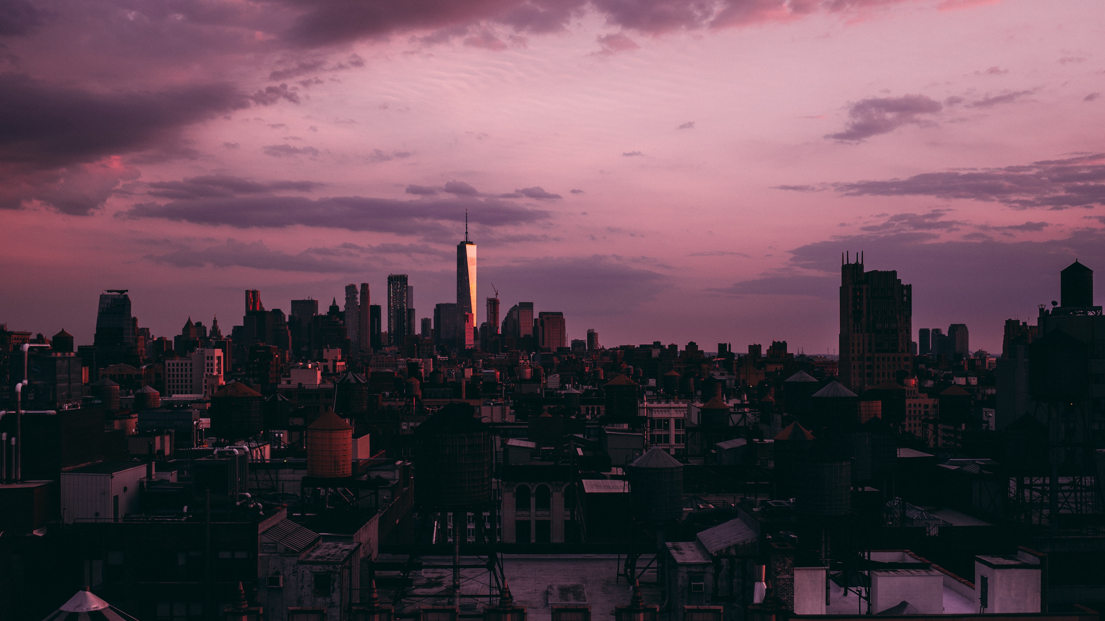 new york, skyscrapers, sunset, clouds, usa 4k sunset, Skyscrapers, new york