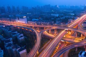 night city blue mist motion light night metropolis lights flyover traffic road 4k 1538067941