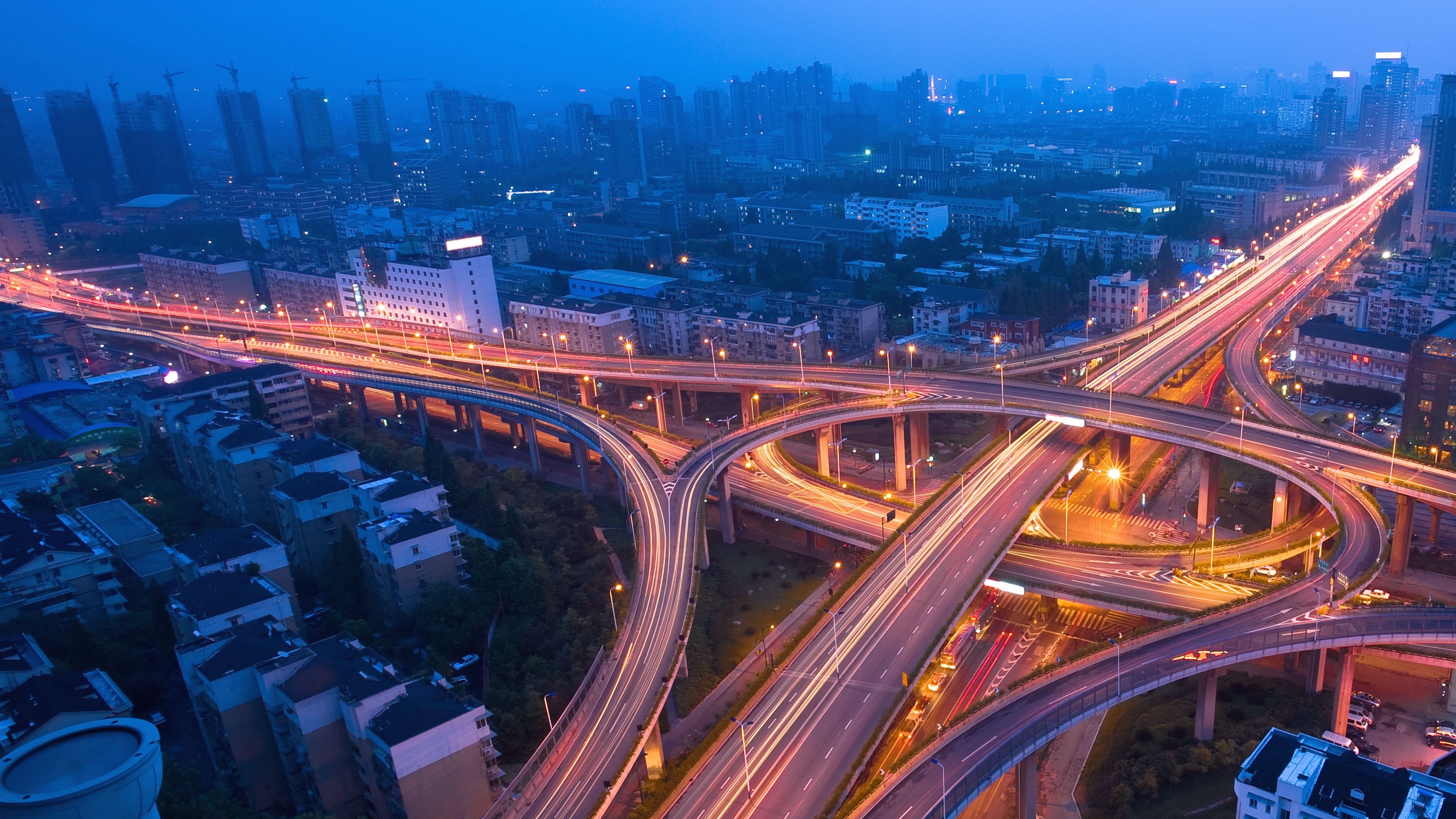 night city blue mist motion light night metropolis lights flyover traffic road 4k 1538067941