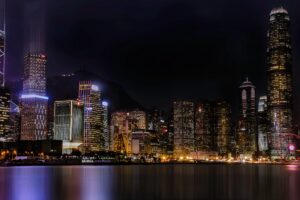 night city skyscrapers beach 4k 1538068200