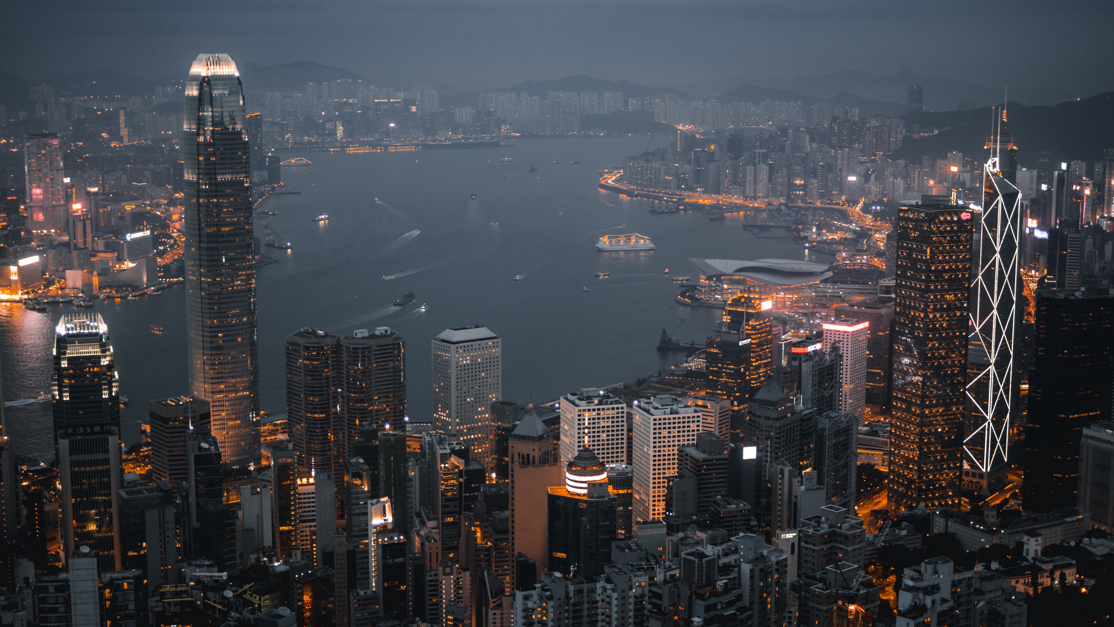 Night City Skyscrapers City Lights Hong Kong 4k