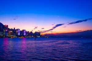 night city sunset skyscrapers beach 4k 1538066946