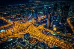 night city view from above intersection roads skyscrapers dubai 4k 1538066300