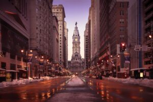 philadelphia streets tall buildings road snow 1538069539