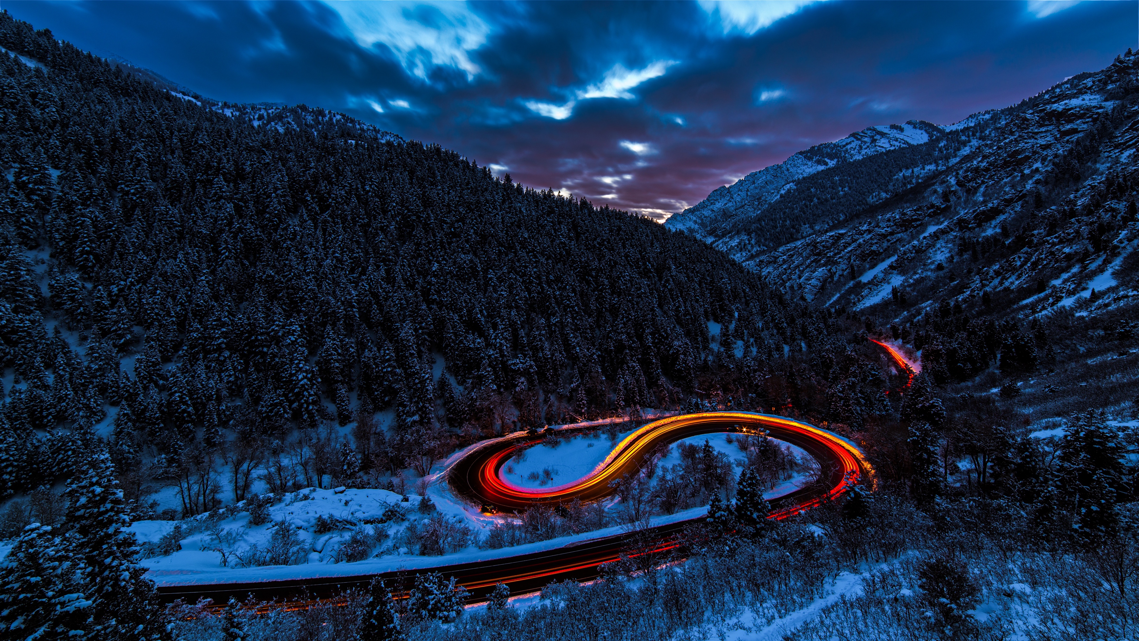 road light sky forest mountains snow 4k 1538345388