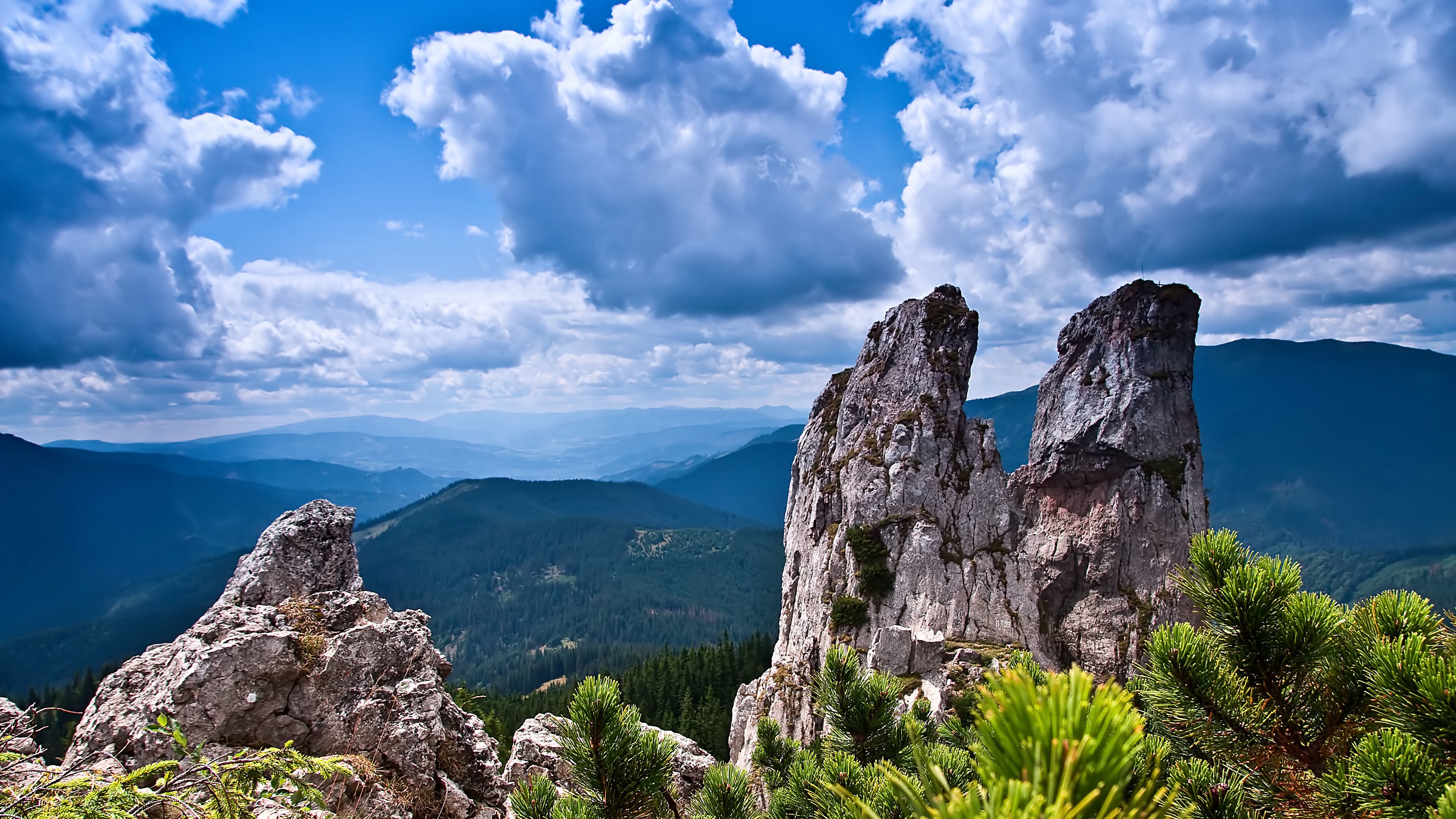 rocks mountains bushes trees sky 4k 1538345402