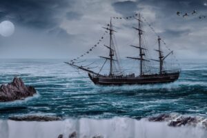 sailboat ship sea cliff waves photoshop 4k 1536098391