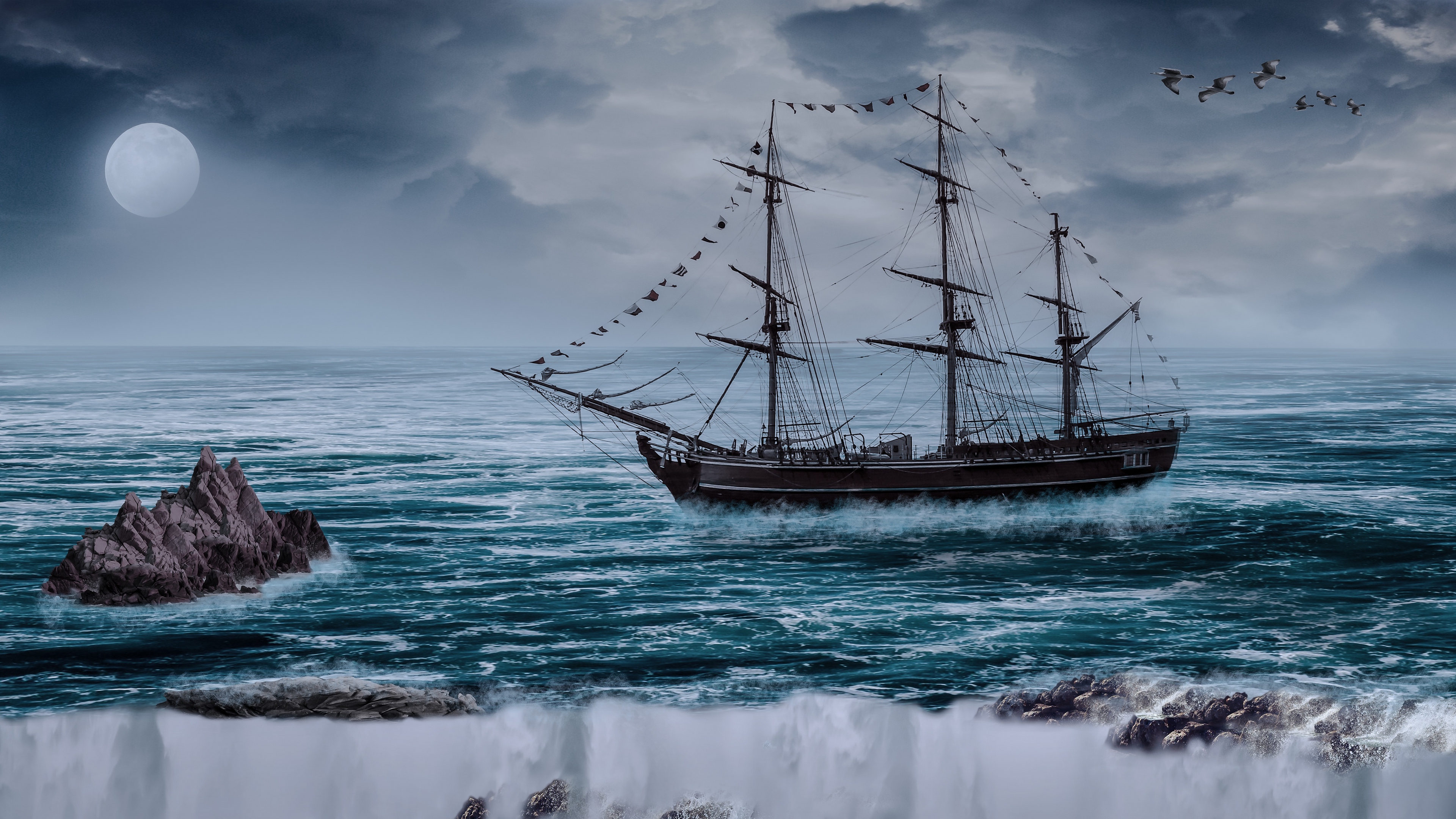 sailboat ship sea cliff waves photoshop 4k 1536098391