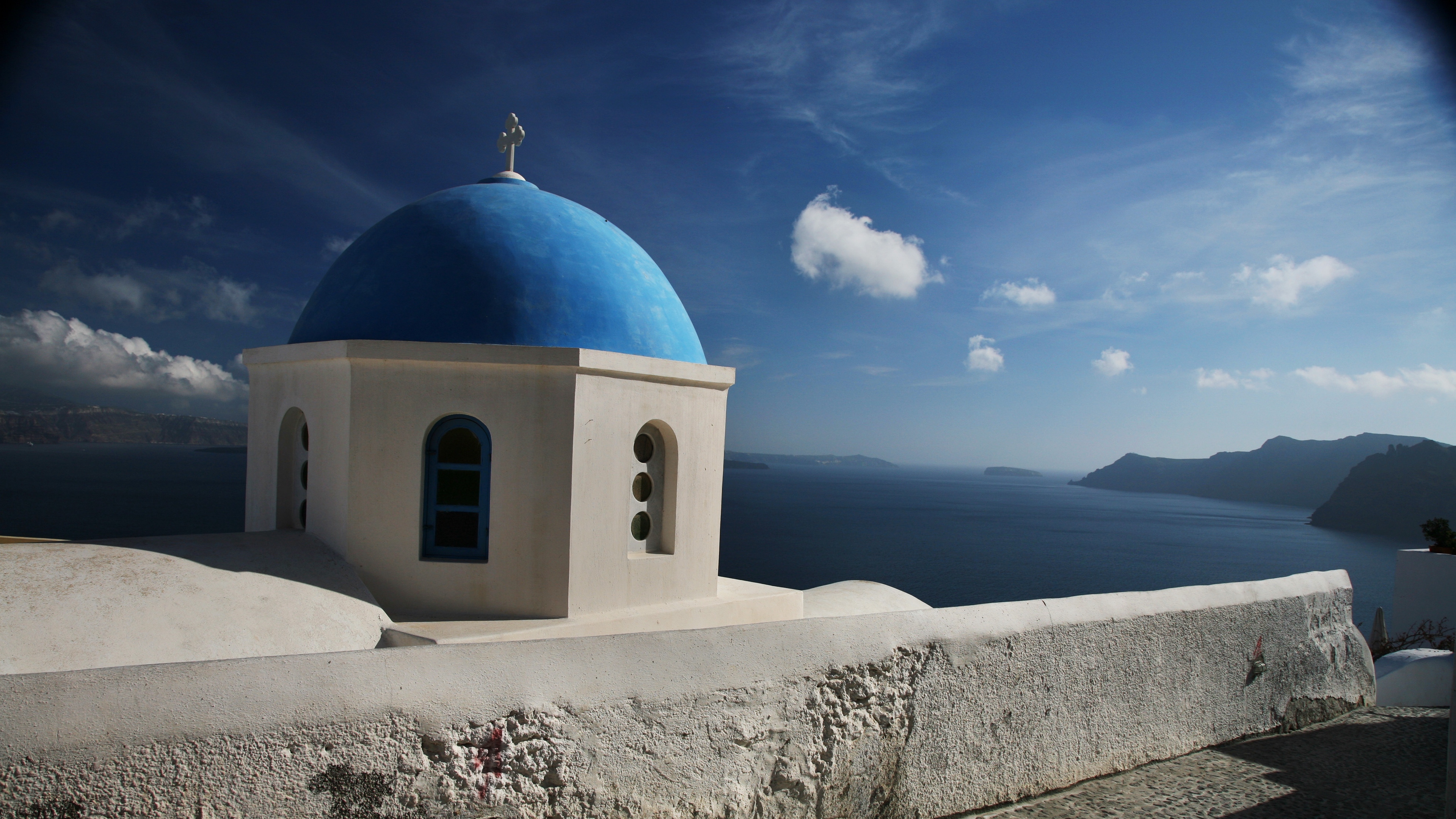 santorini greece clouds dome church sky sea mountains 4k 1538066729