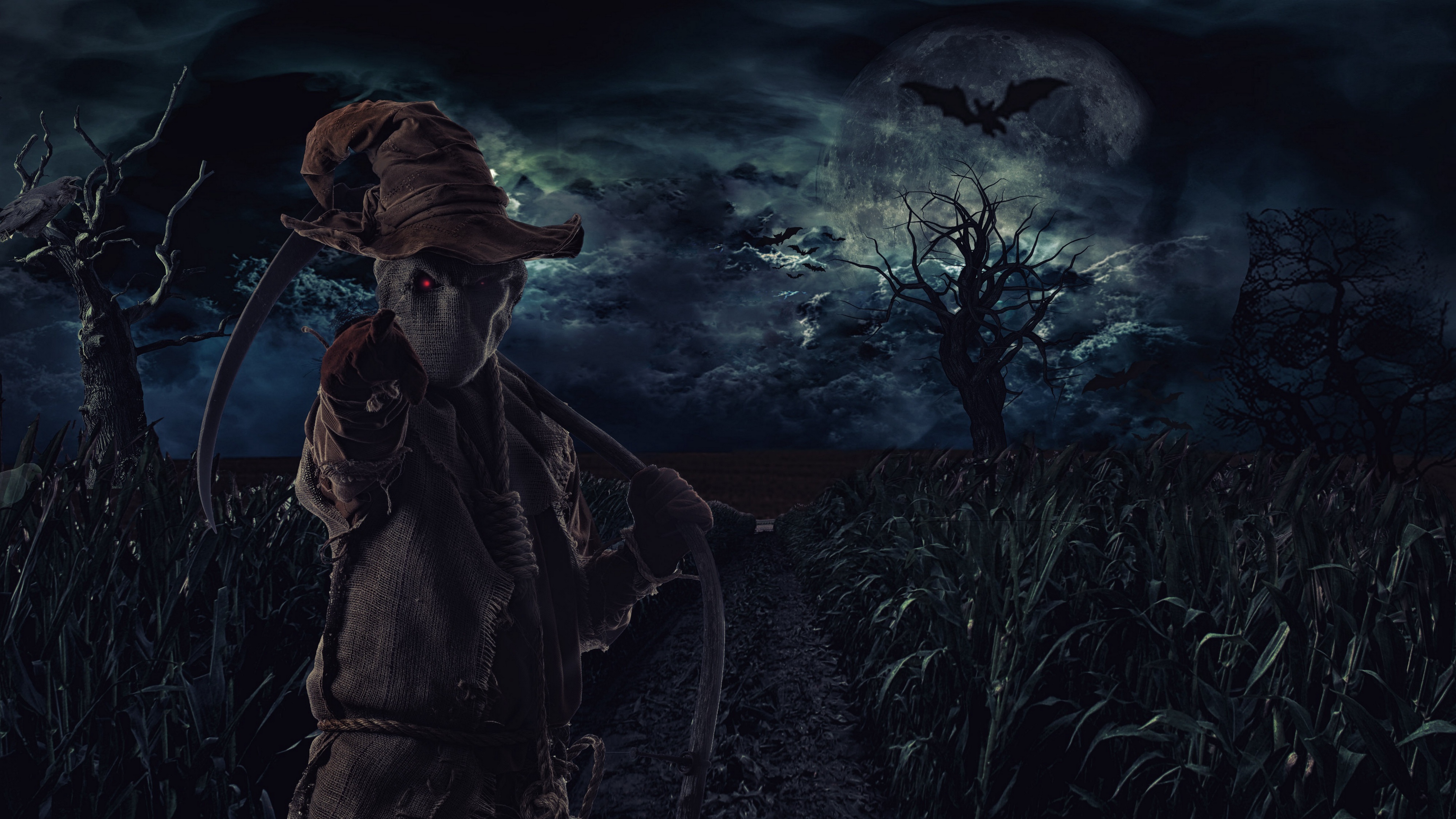 scarecrow scythe gloomy field night 4k 1536098394