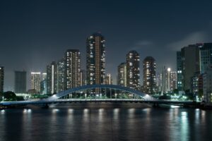 skyscrapers bridge night city river tokyo japan 4k 1538068162