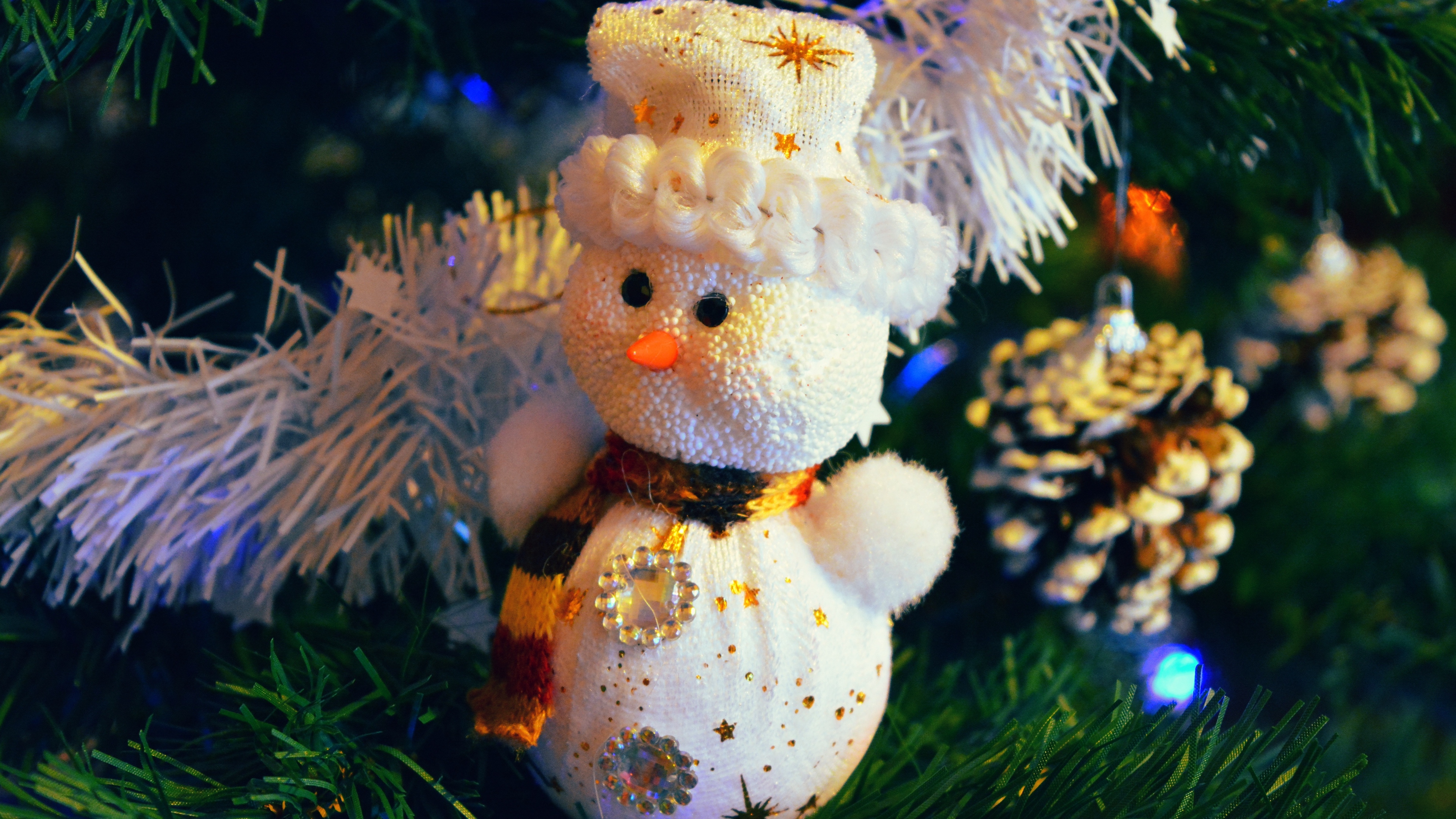 snowman christmas decorations branches 4k 1538345260