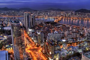 south korea seoul capital city evening skyscrapers lights blue sky hdr 4k 1538068153