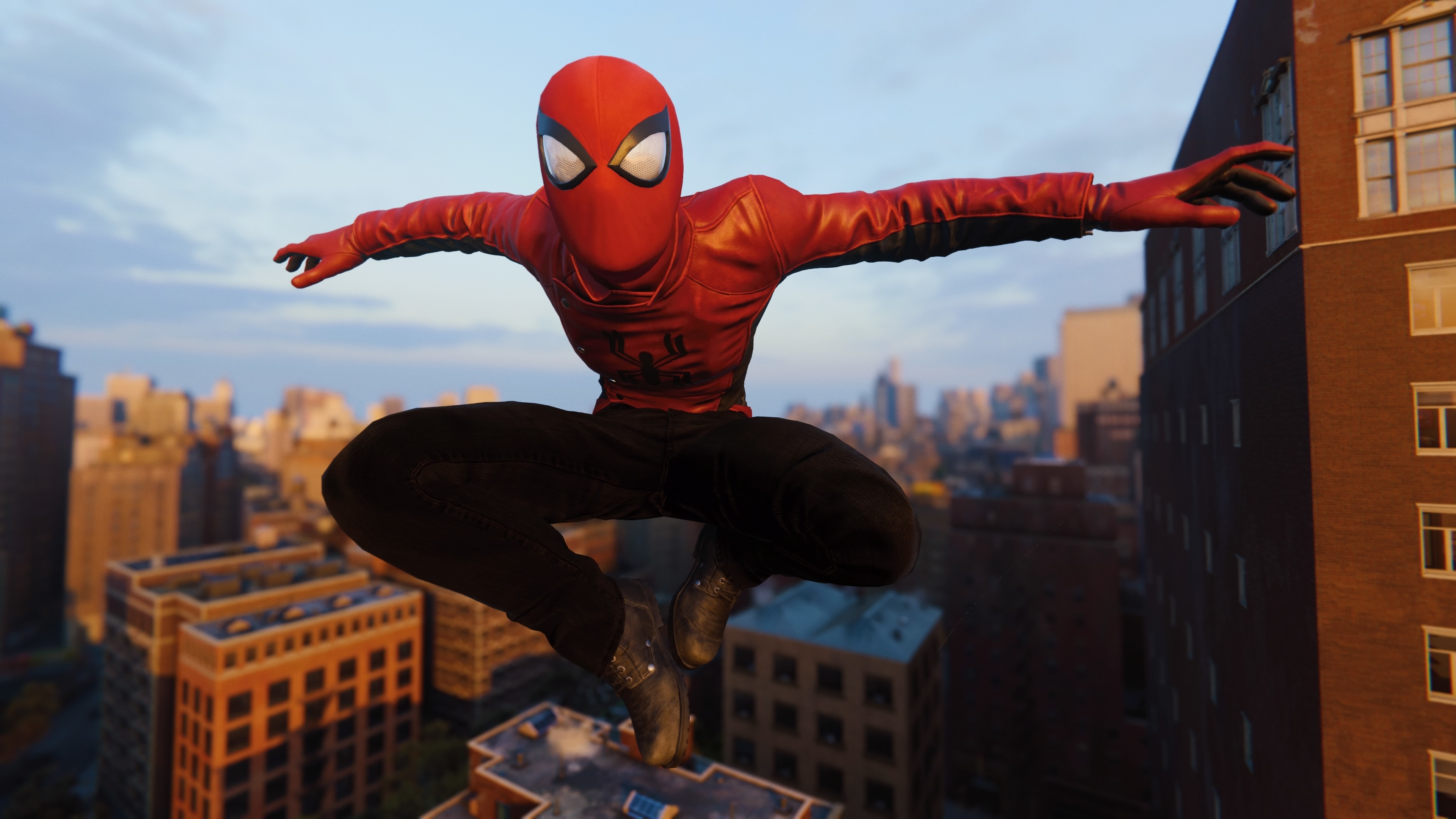 Wallpaper 4k Spiderman Jumping Wearing Red Spider Jacket 2018 Games