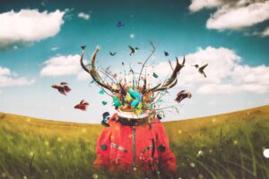 surrealism astronaut art imagination deer horns field 4k 1536098367