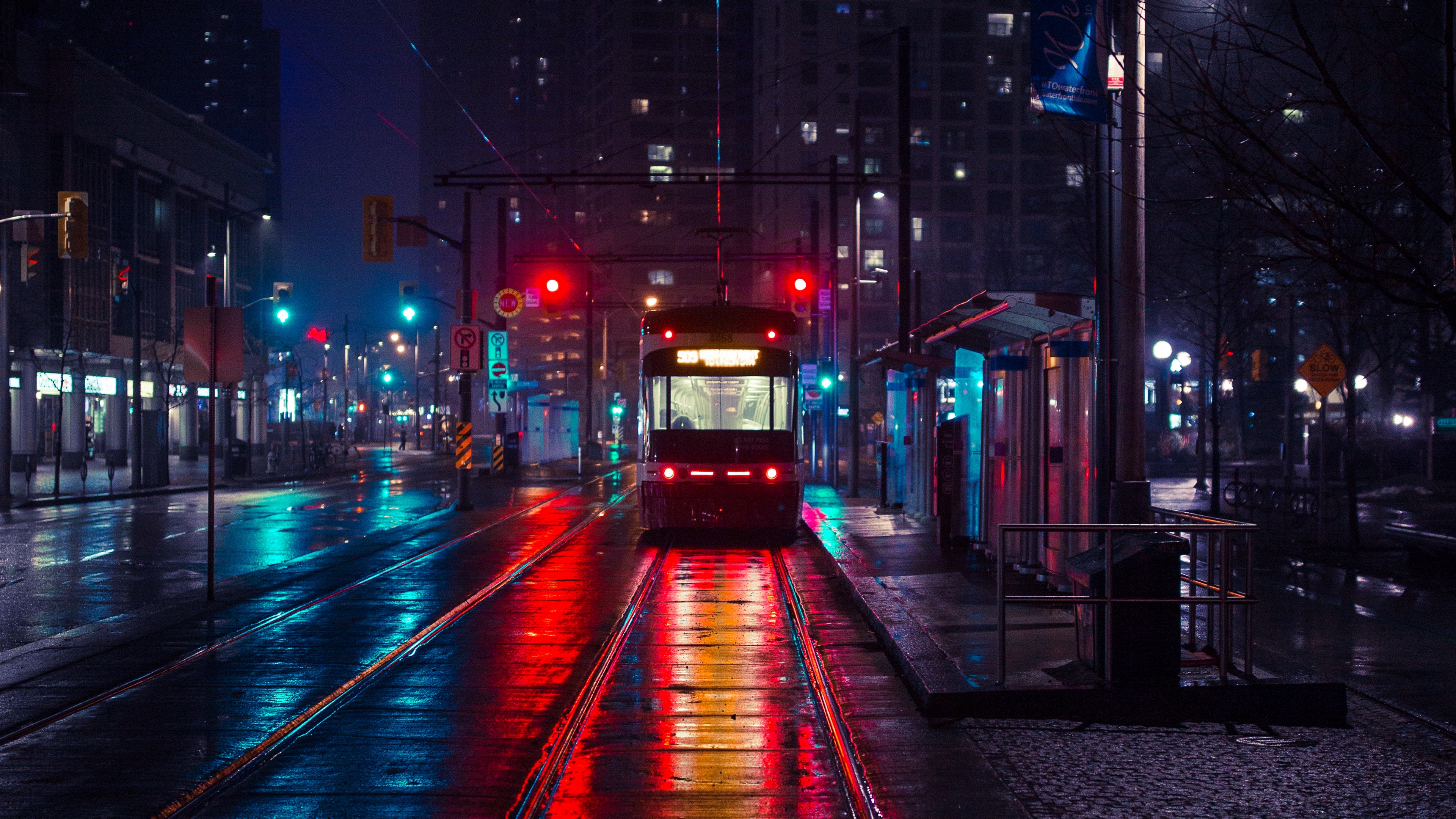 trolley stop city evening lighting 4k 1538068869