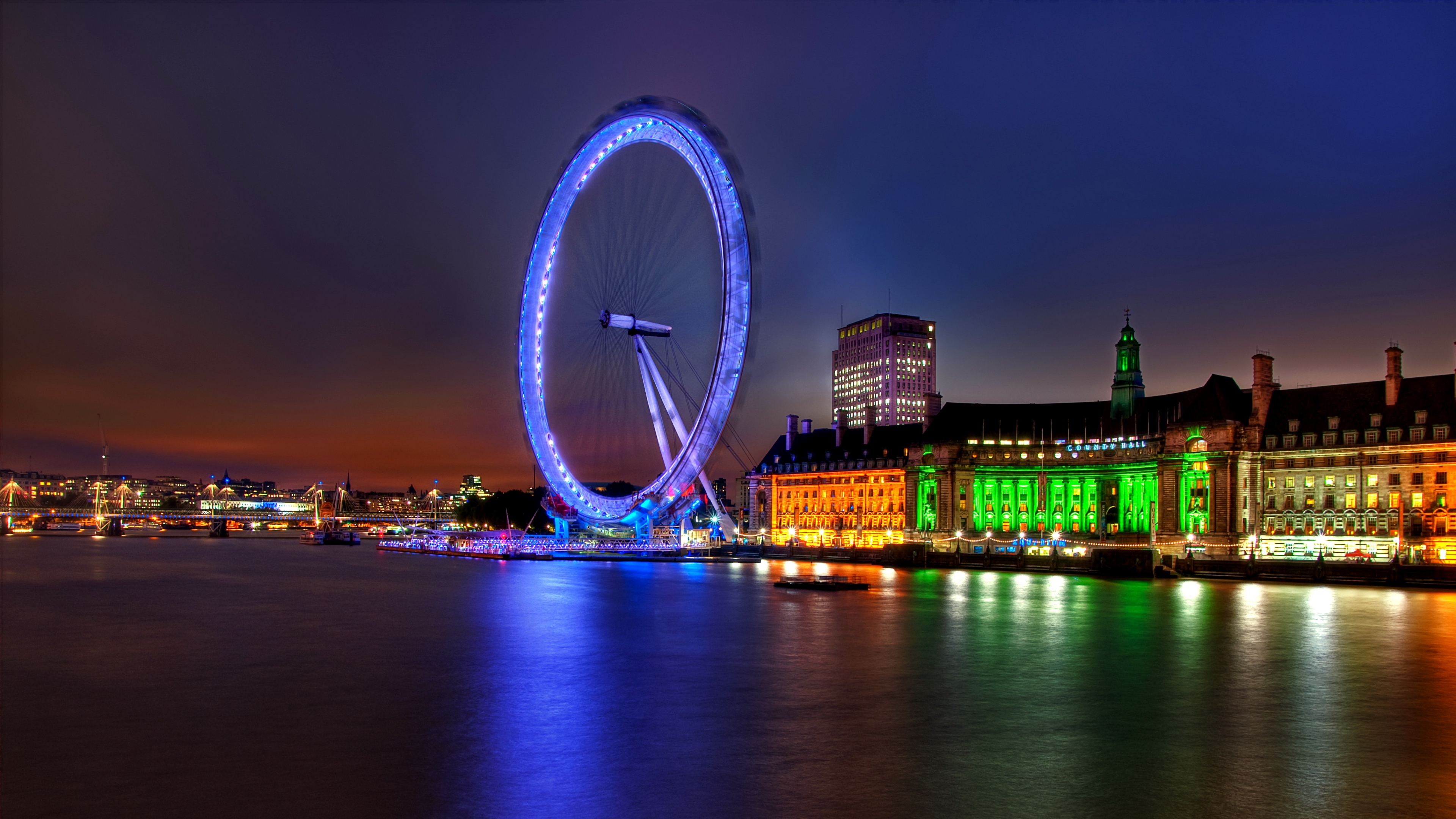 uk england london capital ferris wheel night building architecture lights river thames 4k 1538068156