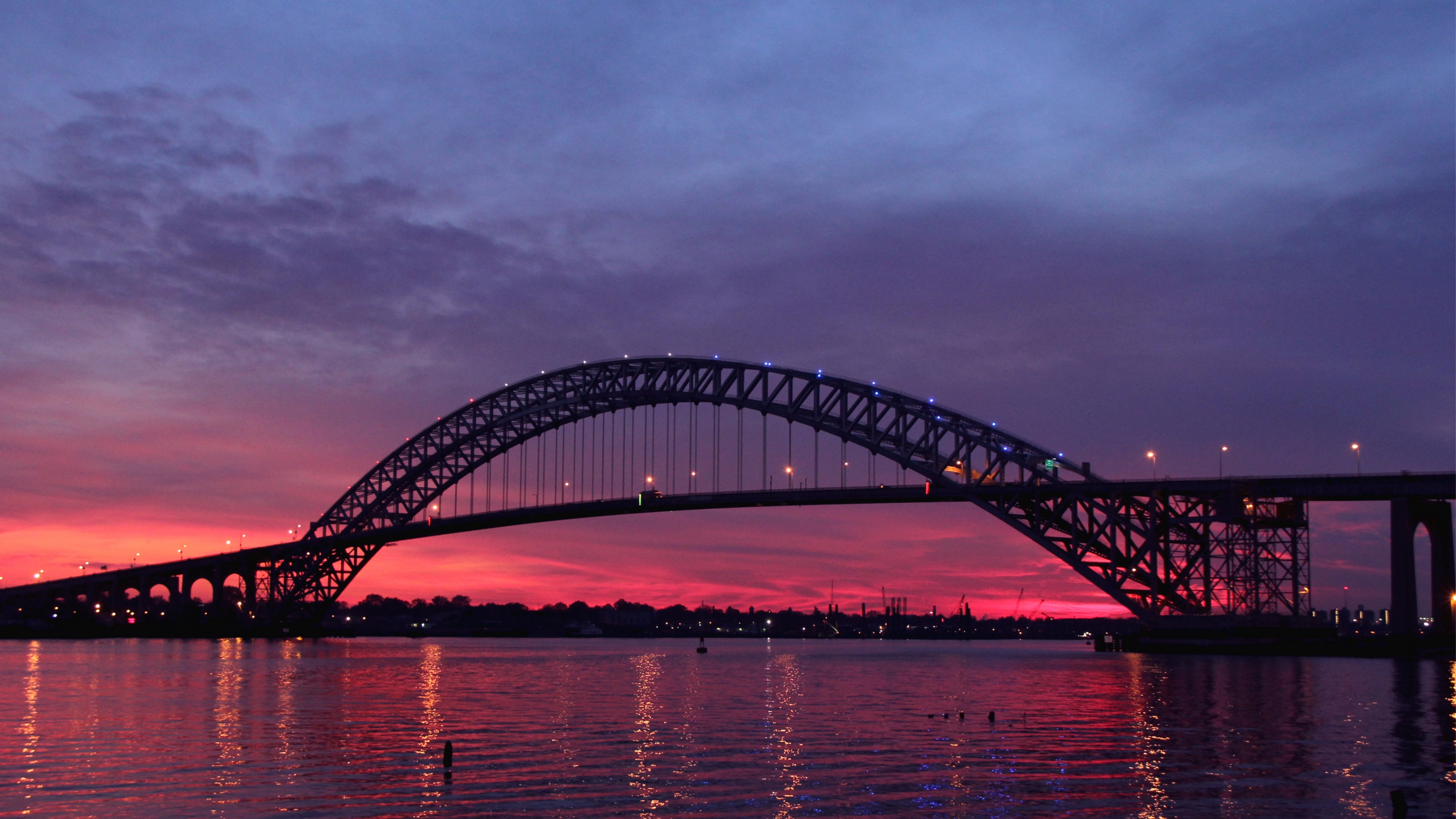 usa new jersey bridge lights river reflection evening dusk sunset sky clouds 4k 1538066369