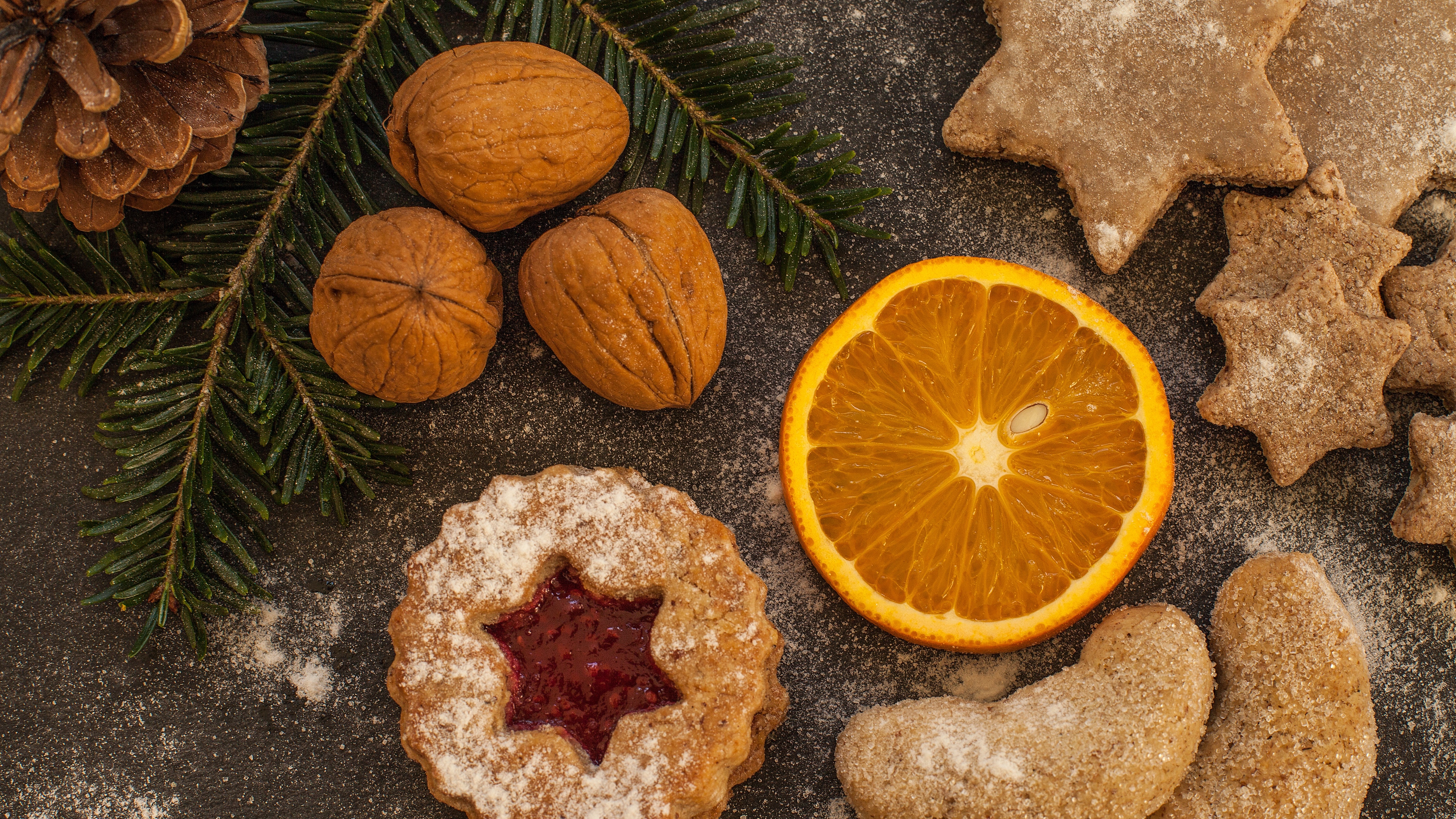 walnuts pine cones christmas cookies oranges 4k 1538344693