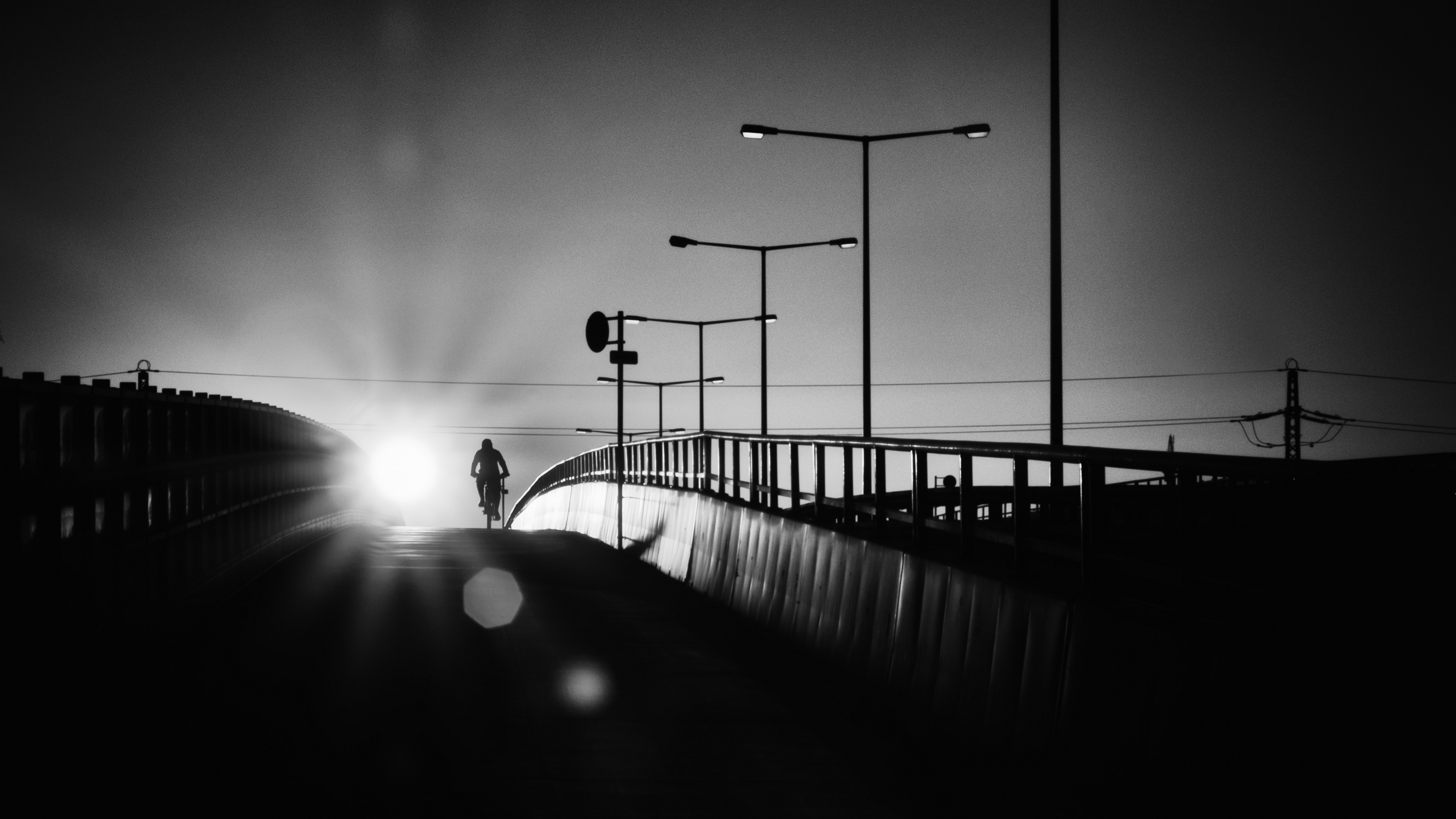 bicyclist bridge bw silhouette night 4k 1540575094