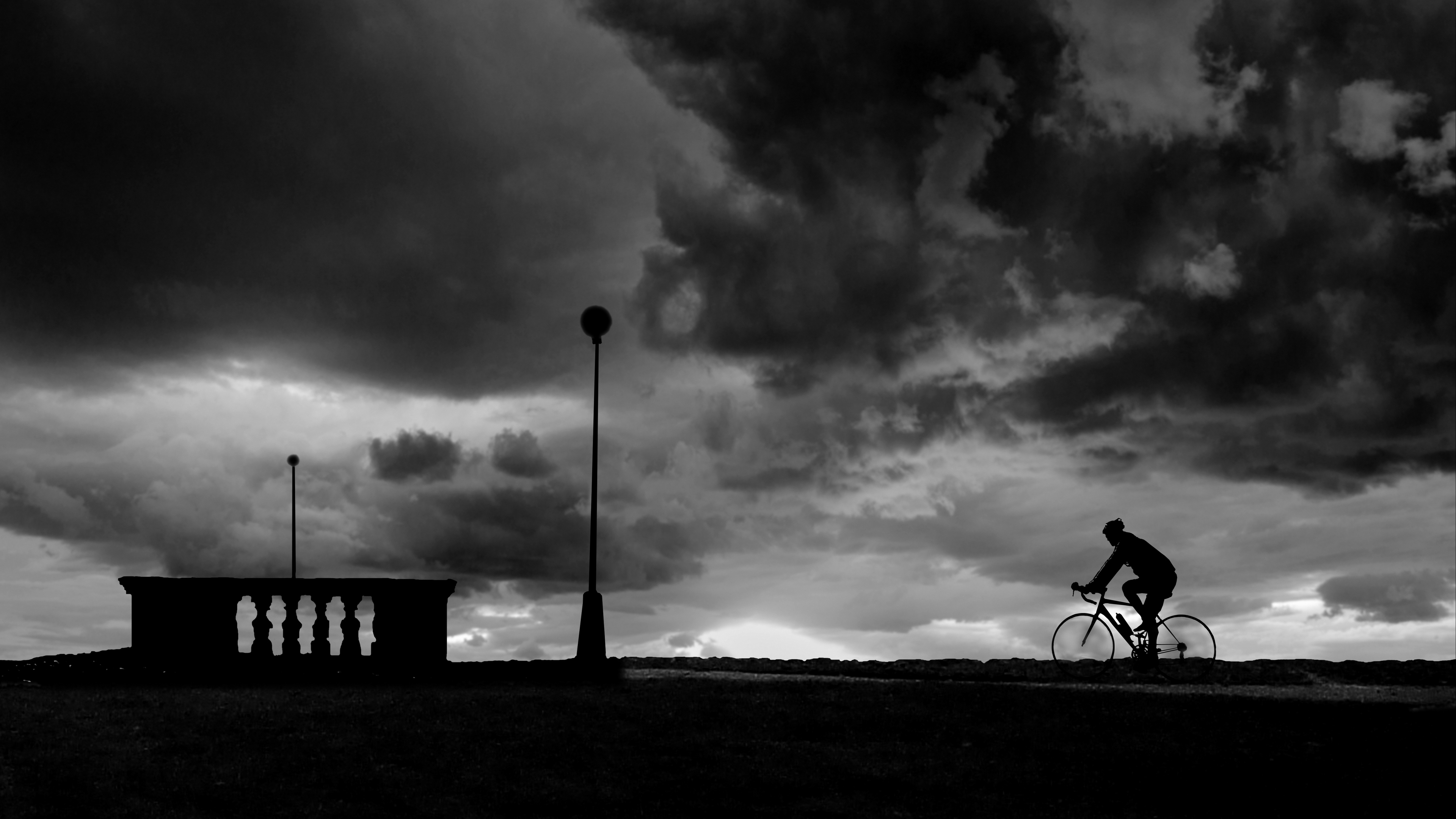 bicyclist silhouette bw clouds night 4k 1540576221