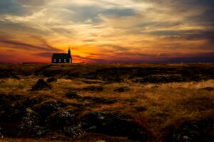 church temple horizon sunset grass sky iceland 4k 1540145817