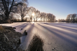 cold wintry frozen lake sunbeam trees 4k 1540134127