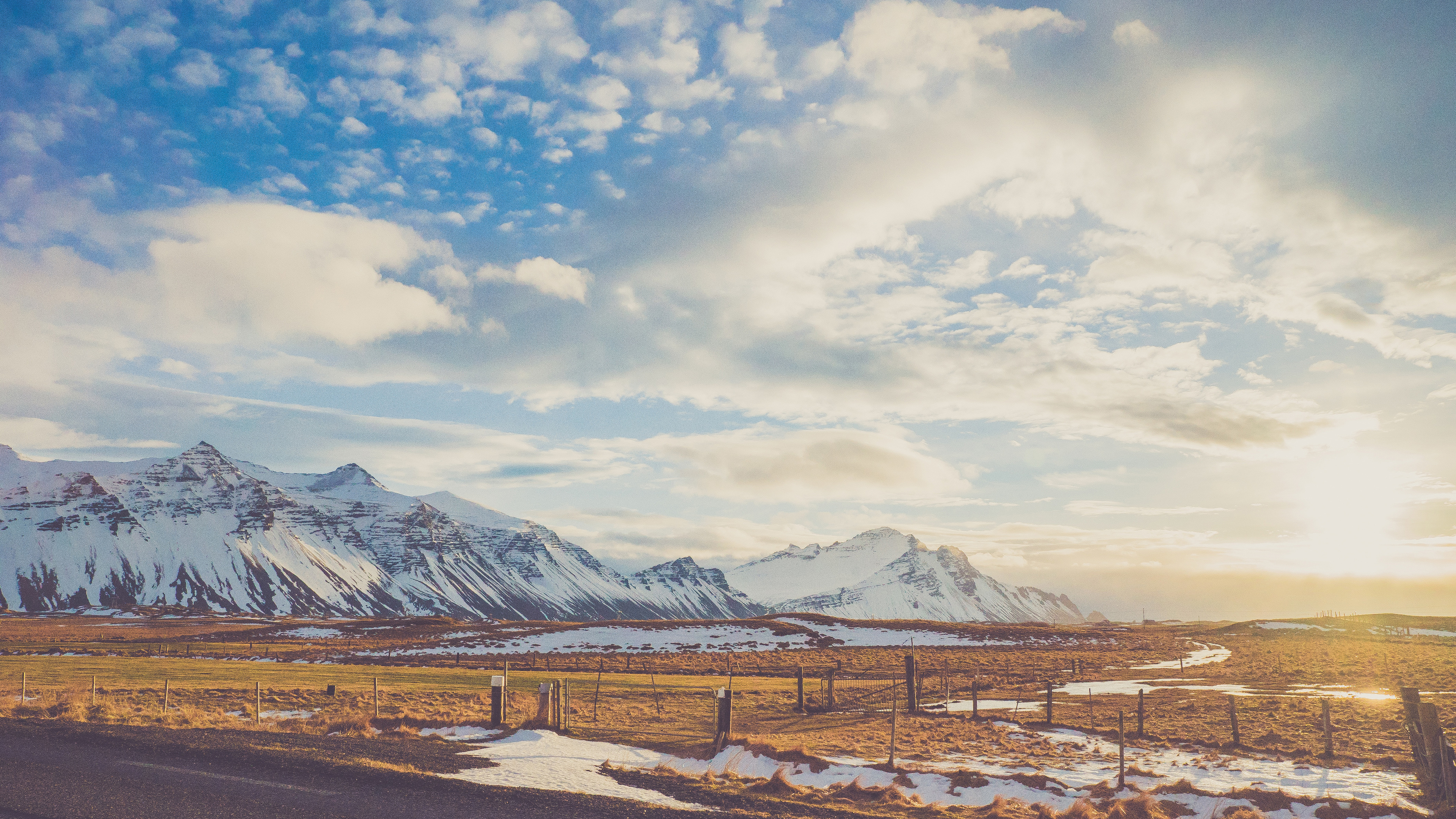 Wallpaper 4k Daylight Risen Sun Snowy Mountains Road 4k 4k