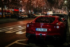 ferrari rear view red night city scenery 4k 1538935278